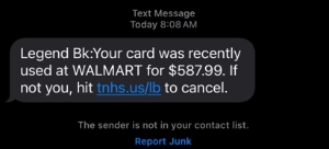 Scam alert. Your card was recently used at Walmart.